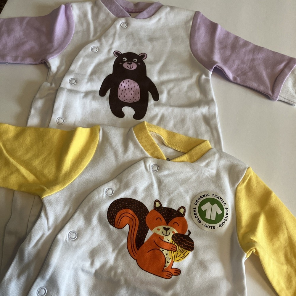 Jimonda Footie Sleepers Infant NB Yellow Lavender NEW 2pk Bear Squirrel Woodland